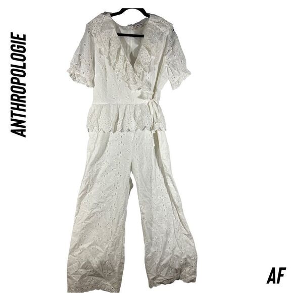 ANTHROPOLOGIE BY ERI + ALI RUFFLED EYELET JUMPSUIT IN WHITE NEW XL - Picture 9 of 11